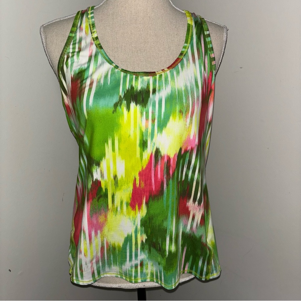 Athleta Wailea Chi pink & green watercolor racerback stretch tank top size Large